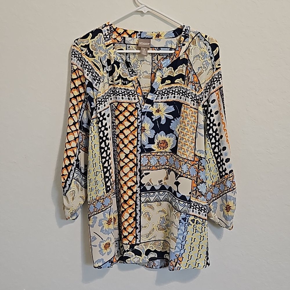 Chico's Mixed Patchwork Floral Tunic in Navy, Cream & Yellow-Orange